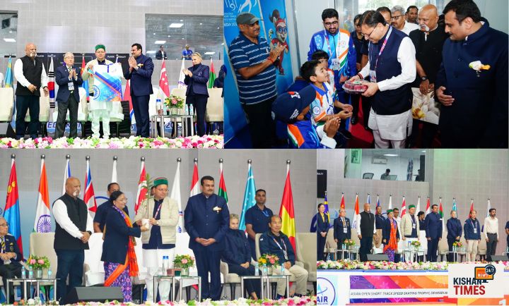 सीएम पुष्कर सिंह धामी एशियन ओपन शॉर्ट ट्रैक स्पीड स्केटिंग ट्रॉफी 2025 के समापन समारोह में ट्रॉफी प्रदान करते हुए।