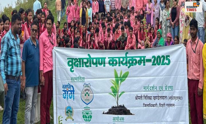 नई टिहरी हिंडोलाखाल में पौधरोपण करते ग्रामीण और वन विभाग की टीम