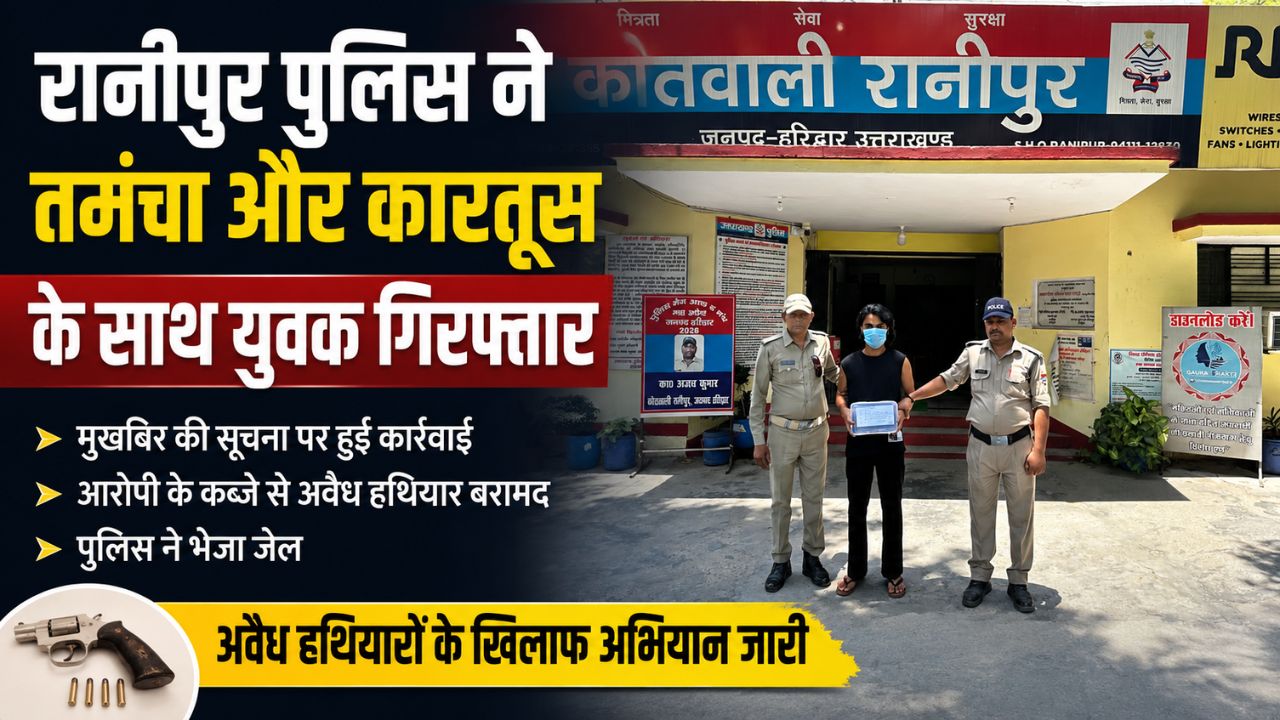 अवैध तमंचा और कारतूस के साथ गिरफ्तार आरोपी तथा रानीपुर पुलिस टीम