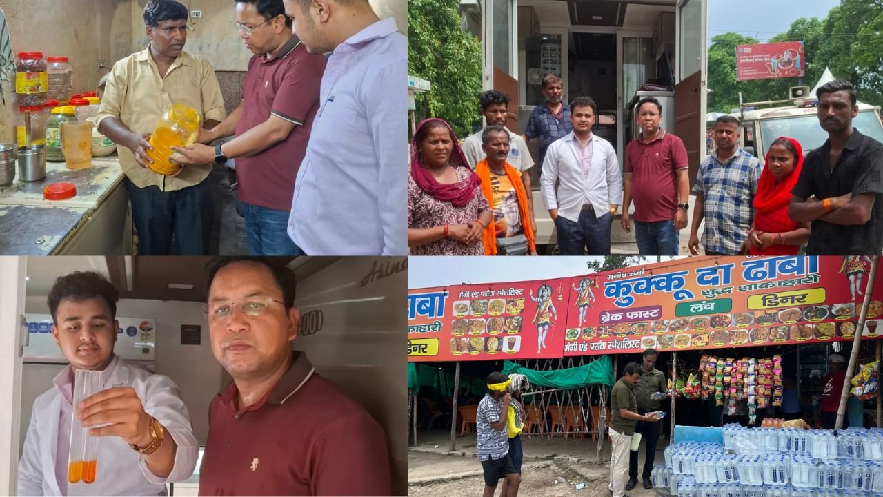 कांवड़ मेला 2026 के दौरान हरिद्वार में खाद्य सुरक्षा विभाग द्वारा ढाबों और खाद्य प्रतिष्ठानों का निरीक्षण करते अधिकारी।