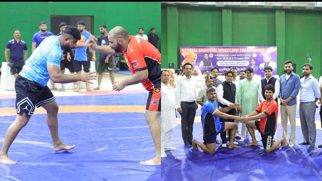 हरिद्वार के वंदना कटारिया स्पोर्ट्स स्टेडियम में राष्ट्रीय ग्रेपलिंग कुश्ती प्रतियोगिता में खिलाड़ी
