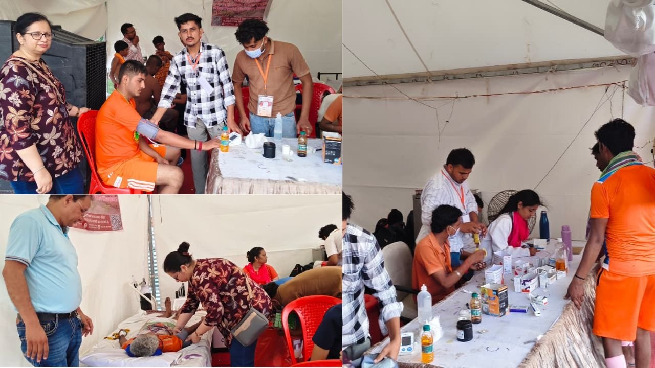 हरिद्वार कांवड़ मेला 2026 के दौरान स्वास्थ्य शिविर में शिवभक्तों का निशुल्क उपचार करते चिकित्सक एवं स्वास्थ्यकर्मी